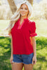 Fiery Red Striped Frilled Collar Ruffled Short Sleeve Blouse