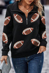 Black Sequin Rugby Football Patched Quarter Zip Textured Sweatshirt