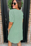 Mint Green Corded Knit Crew Neck Puff Sleeve Shift Mini Dress