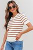 Khaki Stripe Scalloped Round Neck Short Sleeve Sweater