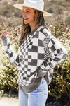 Khaki Checkered Print Drop Shoulder Round Neck Sweater