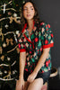 Green Christmas Fashion Print Contrast Trim Frilled Neck Short Sleeve Blouse