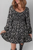 Black Floral Long Sleeve Frilly Shirred Square Neck Mini Dress