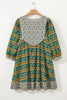 Green Plus Size Mixed Floral Print Striped Trim Loose Mini Dress