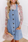 Beau Blue Wide Strap Button Front Pocketed Denim Mini Dress