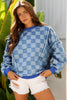 Sky Blue Checkerboard Splicing Raw Detail Oversized Denim Pullover