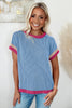Sky Blue Textured Contrast Trim Round Neck T Shirt