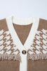 Khaki Houndstooth Color Block V Neck Raw Edge Button Front Cardigan