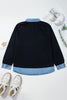 Black Solid Colorblock Long Sleeve V-Neck Plus Size Blouse