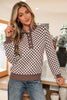 Dark Brown Half Button Ribbed Trim Checkerboard Knit Sweater