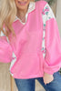 Bonbon Colorblock Polo Collar Floral Patchwork Puff Sleeve Top