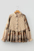 Oatmeal Boho Floral Plaid Patchwork Distressed Detail Ruffled Sleeve Waffle Knit Shacket
