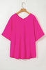 Bright Pink Seamed Back High Low Hem V Neck Cuffed Sleeve Plus Size Tee