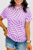 Khaki Checkered Print Mock Neck Mesh T Shirt