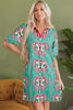 Mint Green Geometric Butterfly Print Split Neck Short Sleeve Dress