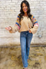 Light French Beige Aztec Patchwork Raglan Pullover Sweatshirt