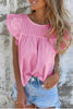 Bonbon Lace Detail Flutter Sleeve Pleated Round Neck Blouse
