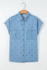 Beau Blue Star Allover Print Double Chest Pocket Short Sleeve Denim Shirt