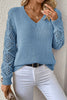 Black Solid V Neck Pointelle Knit Sleeve Patchwork Sweater