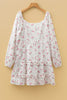 Pink Floral Print Long Sleeve Ruffle Detail Flared Mini Dress