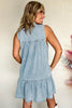 Beau Blue Bowknot Neck Sleeveless Ruffled Chambray Dress