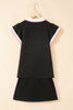 Sky Blue Preppy Striped Trim V Neck Polo Tee Drawstring Skirt Set
