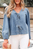 Dusk Blue Tied Front Long Puff Sleeve Denim Top