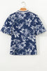 Blue Floral Print Short Puff Sleeve Striped Trim V Neck Blouse