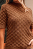 Straw Yellow Fish Scale Textured Knit Ribbed High Neck Short Sleeve Sweater