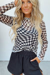 Rose Checkered Pattern Mesh Mock Neck Long Sleeve Top