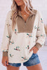 Beige Wild Mallard Print Color Block Patchwork Zip Neck Tunic Top