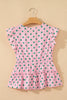 Pink V Neck Polka Dot Print Drawstring Tiered Babydoll Blouse