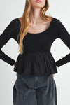 Black Ribbed Knit Long Sleeve Scoop Neck Peplum Patchwork Top