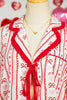Red Sweet Floral Heart Bow Print Contrast Trim Long Sleeve Shirt Pajama Short Set