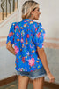 Blue Floral Short Puff Sleeve Button Up Shirt