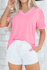 Bonbon Solid Color V Neck Short Puff Sleeve Blouse