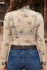 Beige High Neck Western Print Mesh Sheer Long Sleeve Top