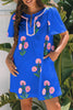 Blue Floral Short Sleeve Split Neck Loose Mini Dress
