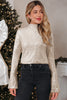 Jet Stream Sequin Mock Neck Drape Open Back Bell Sleeve Top