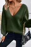 Coffee Lantern Sleeve V Neck Knot Back Sweater