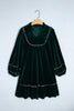 Blackish Green Leopard Trim Velvet Long Sleeve Shift Dress
