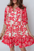 Red Collared V Neck Half Sleeve Loose Flower Mini Dress
