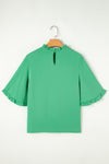 Green Frilly Round Neck Wide Half Sleeve Blouse