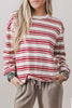 Red Stripe Dropped Shoulder Long Sleeve Casual Pullover Top
