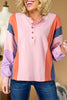 Pink Colorblock Long Sleeve Buttons Henley Top