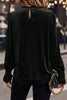Black Frilled Collared Smocked Cuffs Puff Sleeve Velvet Blouse