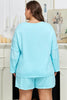Aruba Blue Plus Size Solid Color Splicing Raw Hem Pullover Top Shorts Set