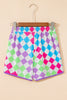 Multicolour Checkered Drawstring Elastic Waist Casual Shorts