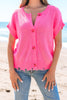 Bright Pink Distressed Hem Short Sleeve Knitted Button Front Sweater