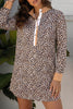 Khaki Button Striped Collar Leopard Print Long Sleeve Flared Dress